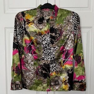 Vibrant Mixed-Print Satin Button-Down Blouse in Green & Pink